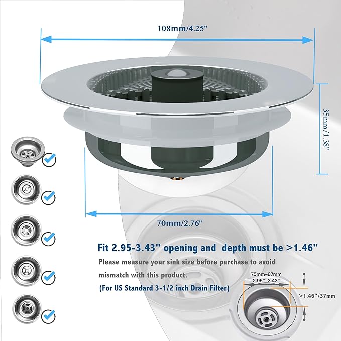 Kitchen Sink Drain Strainer 3 in 1, 304 Stainless Steel Pop Up Sink Stopper, Anti-Clogging Drain Stopper, Strainers for Kitchen, Drain Cover and Kitchen Accessories for US Standard Sink (Chrome)