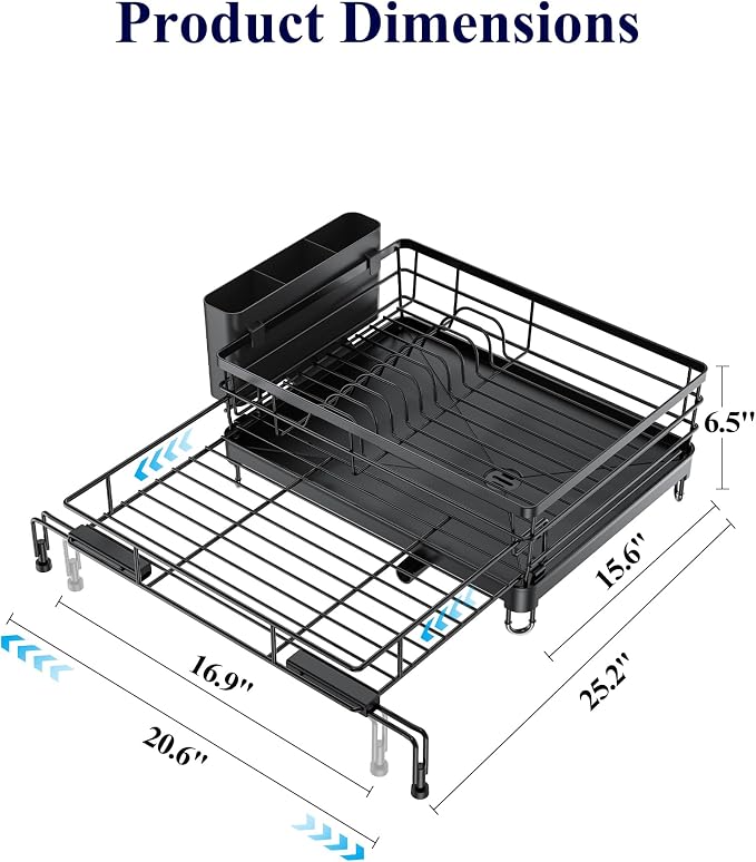 Kitsure Adjustable Dish Drying Rack, 15.6''-25.2''L × 16.9''W, Rust-Resistant - Image 4