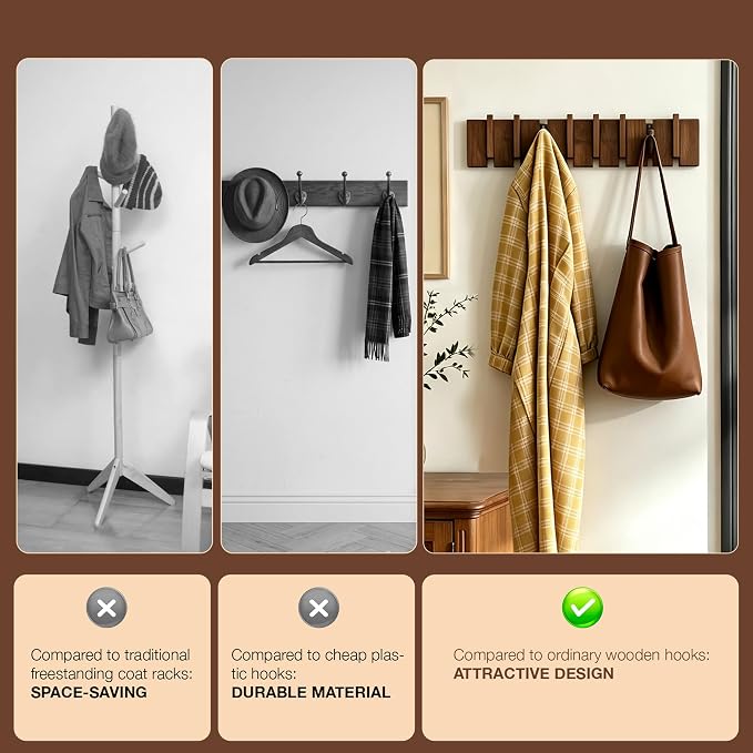 Wood Coat Rack Wall Mount, Coat Hooks Hanger Wall Mounted, Heavy Duty Wall Coat - Image 6