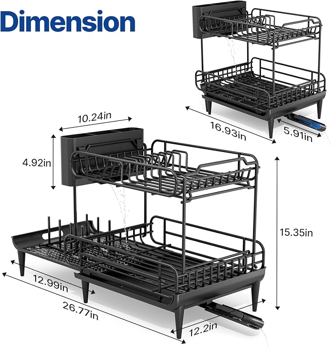 Urackify Dish Drying Rack for Kitchen Counter, Expandable 2 Tier Dish Rack - Image 3