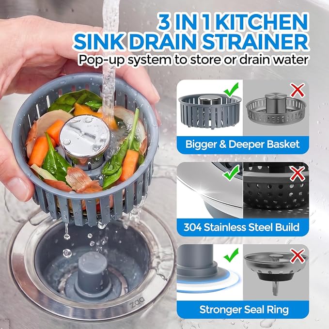 zaa 3 in 1 Kitchen Sink Drain Strainer Stopper Removable Basket Pop-Up - Image 2