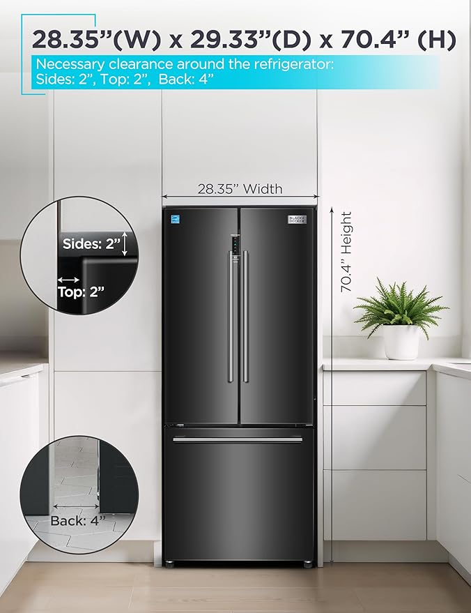 BLACK+DECKER 16 Cu. Ft. French Door Refrigerator with Built-in Ice Maker, Full Size Refrigerator with Bottom Mount Freezer Drawer, Frost Free, ENERGY STAR certified, BRF1600GIMB, Black