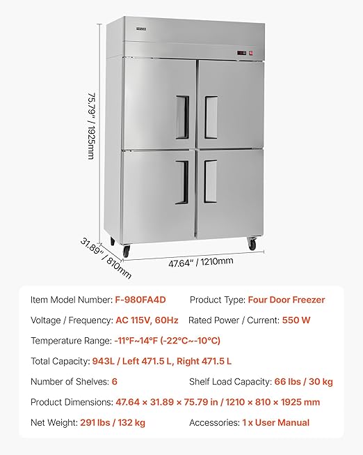 VEVOR Commercial Reach-In Freezer, 48" W, 33 Cu.Ft Stainless Steel Upright Freezer, with 4 Doors, Auto-Defrost, 6 Adjustable Shelves, -11 to 14℉ Temp Control, UL Certified