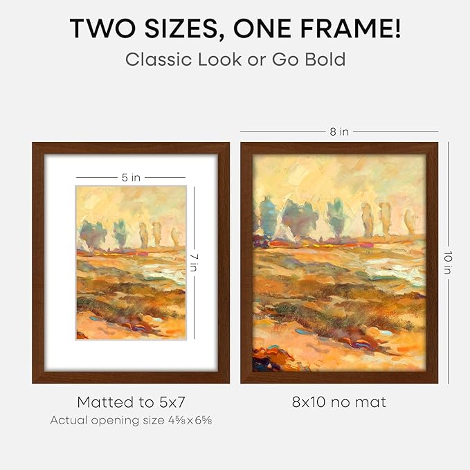 Homeforia 8x10 Picture Frame Brown, High End Dark Oak 8 x 10 Walnut Wooden Frames with Mat 5 by 7 Photo, 8x10 Wood Frame Matted to 5x7 Print, Wall or Tabletop Frame, Tempered Glass, Wall Kit, Set of 4