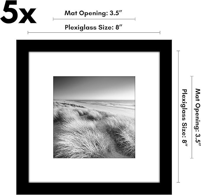 Americanflat 8x8 Picture Frame with Polished Plexiglass - Set of 5 - Use as 5x5 Frame with Mat or Display 8x8 Photo Without Mat - Galleria Collection - Square Frames for Tabletop and Wall - Black