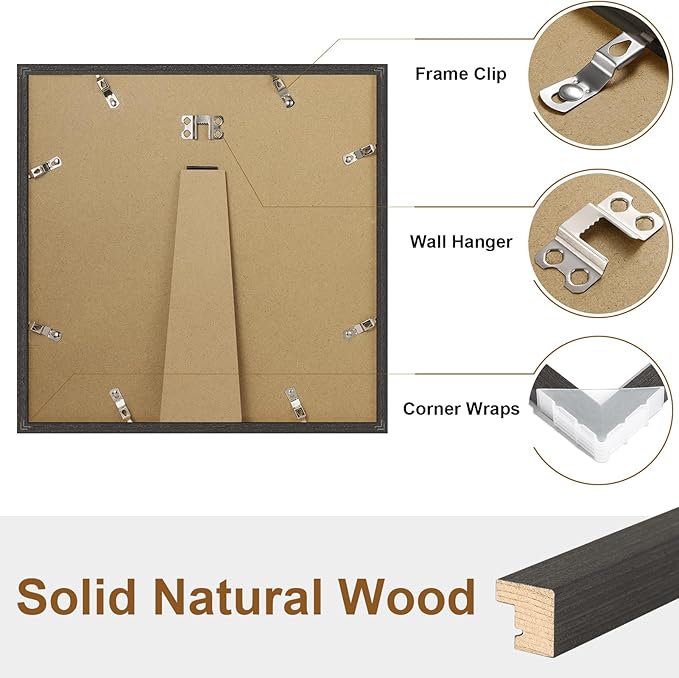 Vittanly 12x12 Picture Frame Set of 2, Solid Wood Frame for Wall Art Photo and Prints, Display Photo 8x8 with Mat or 12x12 without Mat, Black