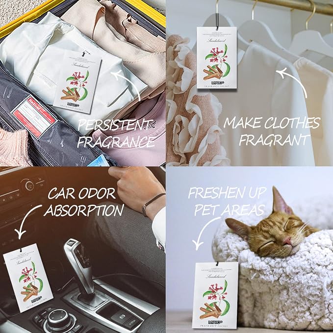 MYARO 12 Pack Sandalwood Scented Sachets, Closet Deodorizer Car Freshener - Image 6