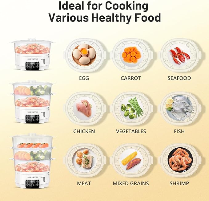 Electric Food Steamer, 13.7QT Vegetable Steamer with 3 Tiers BPA-Free Baskets, Digital Steamer with Appointment and Timer, 800W Simultaneous Cooking, Ideal for Veggies Seafood Rice White