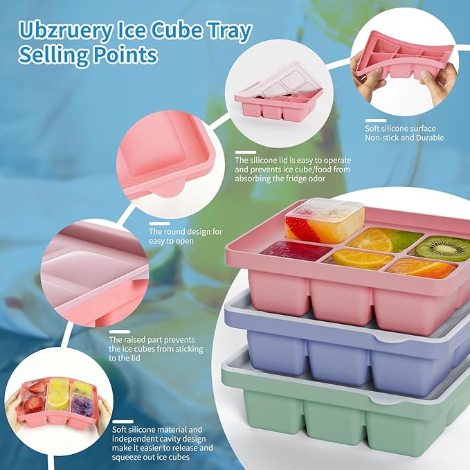 Large Silicone Ice Cube Tray Set of 3, Easy Release 6 Flexible Silicone Ice Cube Molds with Removable Lid, Reusable Freezer Stackable Ice Trays for Whiskey, Baby Food, No Floater, BPA Free