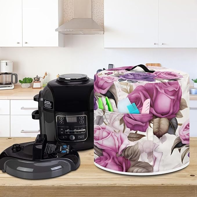 Rose Dust Cover for 6 qt Air Fryer & Pressure Cooker Kitchen Appliance Accessories, Portable Pressure Cooker Air Fryer Rice Cooker Dust Cover with Storage Pockets