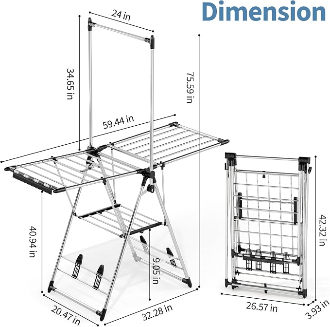 Clothes Drying Rack with High Hanger, 3-Level Drying Racks | Foldable Laundry - Image 6