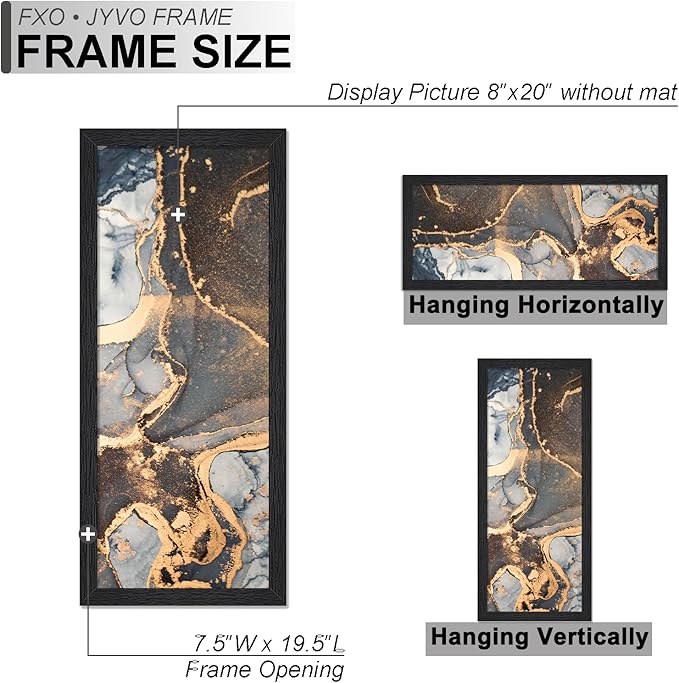 Engineered Wood 8x20 Picture Frame Set of 3, Black Frame for 8 x 20 Inch Picture Poster Photo, Light Weight 8 by 20 Frame with Wood-grain for Wall - 3 Pack/Black/8"x20"