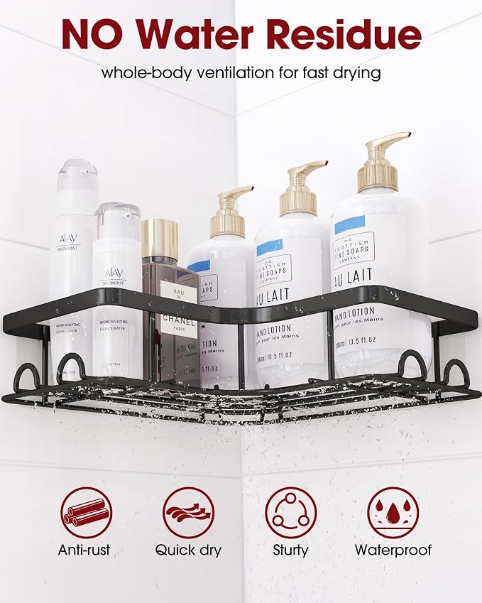 Sakugi Black Corner Shower Caddy Adhesive No Drilling Bathroom Shelves - Image 7