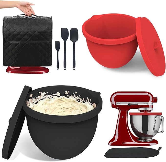Silicone Bowl Liners for KitchenAid 5 Quart Tilt-Head Mixer,Set of 2 with Lids,Accessories include Mixer Slider Mat,Stand Mixer Dust-proof Cover,Silicone Spatula Set
