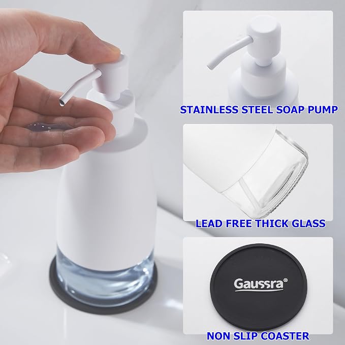 Gaussra White Soap Dispenser - 11 OZ / 320 ML | Stainless Steel and Glass - Image 4