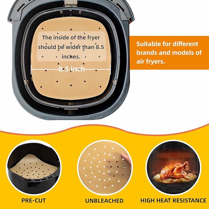 Katbite 200Pcs 8.5 inch Air Fryer Parchment Paper Liners, Unbleached Air Fryer Paper Liners Disposable，Non-Stick & Heavy Duty Square Perforated Parchment Paper for Steamer, Oven, Air Fryer
