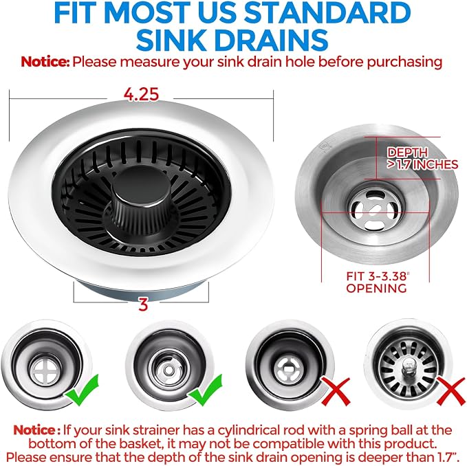 zaa 3 in 1 Kitchen Sink Drain Strainer Stopper Removable Basket Pop-Up - Image 4