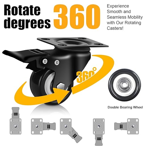 QNCZ Caster Wheels, 2" Caster Set of 4, Heavy Duty Casters and Silent Polyurethane Wheels, Swivel Plate Castor Wheels for Cart, Black, 4 Pack