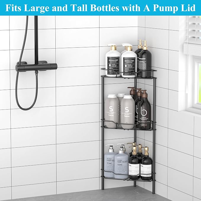 HuggieGems Metal Floor Standing Corner Shower Caddy, Matt Black, 3 Tier - Image 4