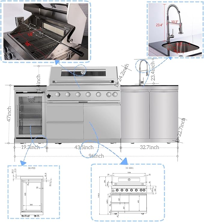 Outdoor Kitchen Island, 96 Inch 6 Burner Gas Grill Combination With Refrigerator and Sink, Outdoor Stainless Steel Barbecue Bar, Natural Gas Barbecue Grill 85000 BTU for Patios, Gardens, Parties