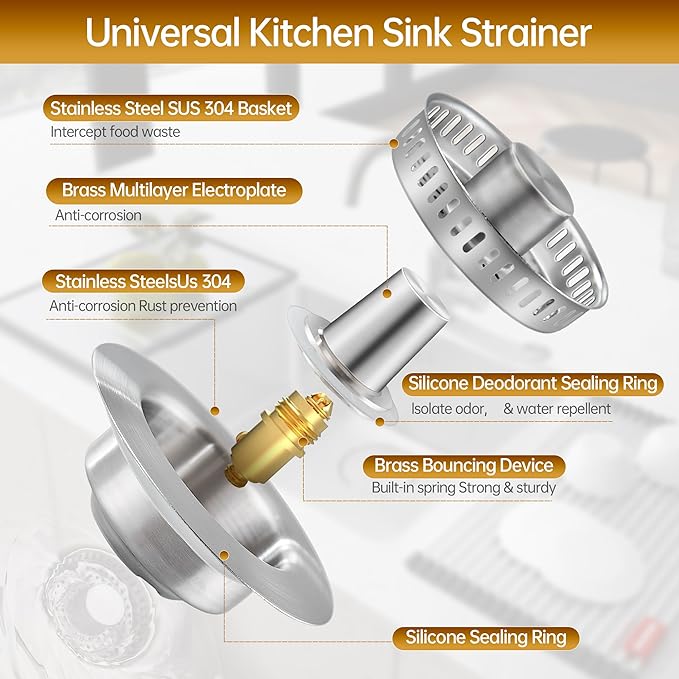 YYKBZ 3 in 1 Kitchen Sink Drain Strainer， Stainless Steel Pop Up Sink Stopper， Plug for Sink Drain Strainer with Anti-Clogging Basket for Us Standard 3-1/2"Drain Easy to Install （1pcs）