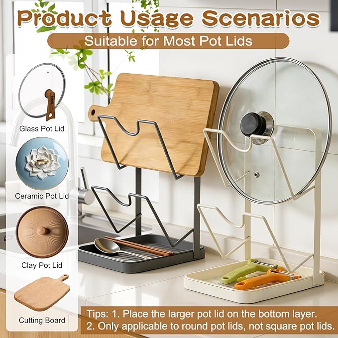 Kitchen Pot Lid Storage Rack, Pot Lid Holder With Tray, Multifunctional Double-layer Kitchen Organizer Stand, Lid And Spoon Rest While Cooking for Stove Top (Gray)