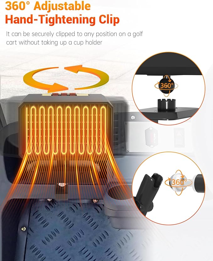 Electric Golf Cart Heater, 400W Safe & Quiet Fast Heating Carbon Fiber Battery Operated Heater with Fixing Clip, 360° Rotation, Fit for Club Cars/Yamaha/EZGOs 48V/60V/72V Golf Carts