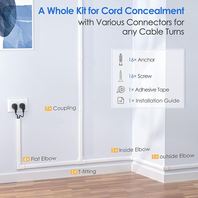 Yecaye 125In Cord Covers for Wall Mounted TV, W0.98in H0.51in, Cable Management - Image 3