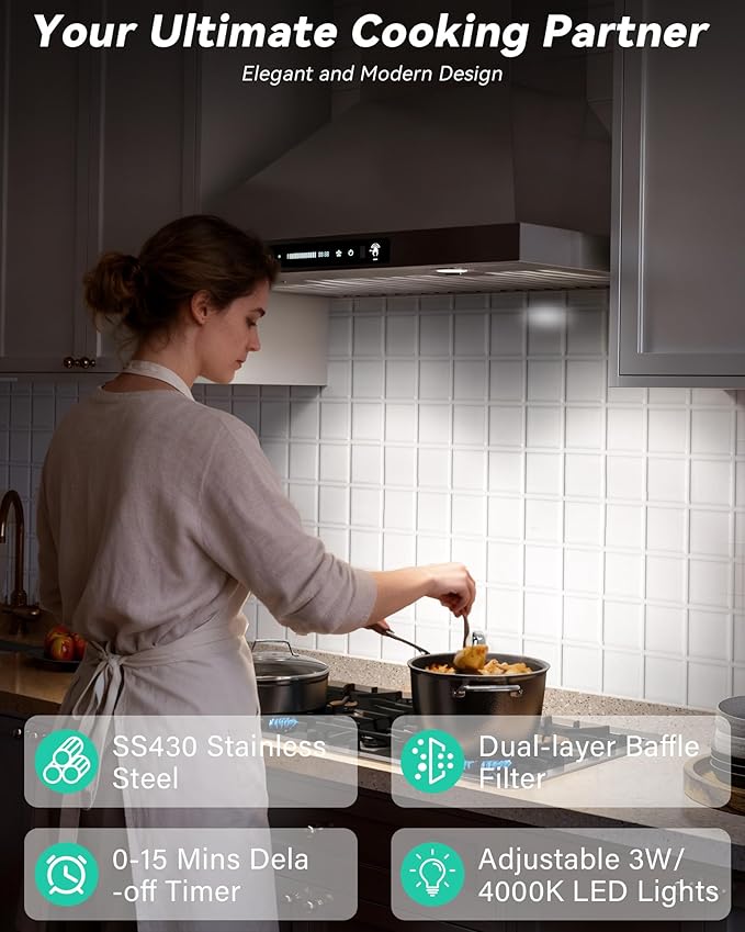 30 inch Stainless Steel Wall Mount Range Hood - 900 CFM, Gesture Control, Ultra-Quiet 4-Speed Vent, LED Lights, Ducted/Ductless Convertible