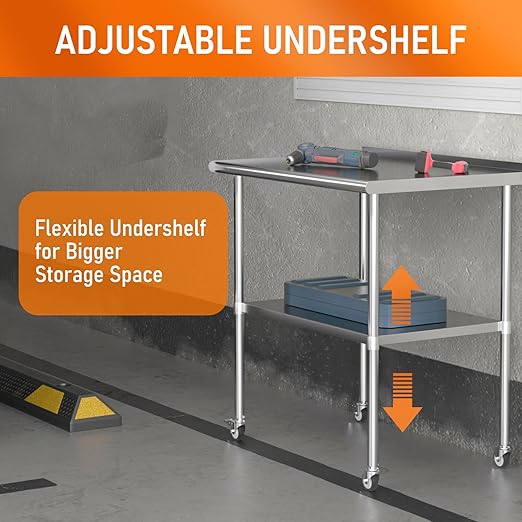 Stainless Steel Prep Table 30" X 36" with Adjustable Undershelf, Backsplash and Wheels, Commercial Metal Workstations for Kitchen, Garage, Outdoor BBQ