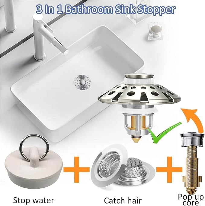 AzWzz Bathroom Sink Drain Strainer, 3 in 1 Pop Up Bathroom Sink Stopper Plug - Image 4