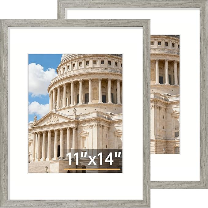 Vittanly 11x14 Picture Frame Set of 2, Solid Wood Frame for Wall Art Photo and Prints, Display Photo 8x10 with Mat or 11x14 without Mat, Grey