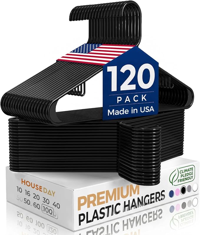 HOUSE DAY Black Plastic Hangers 120 Pack, Slim Space-Saving Clothes Hangers | by HOUSE+DAY