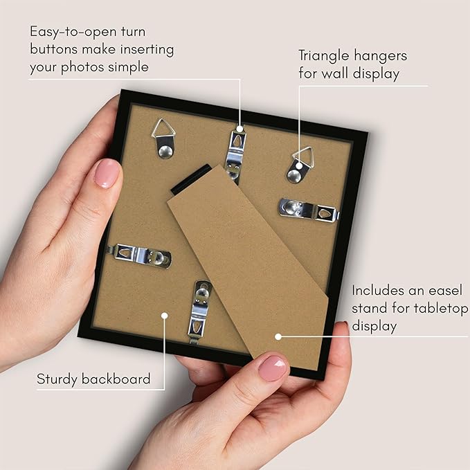 Americanflat 5x5 Picture Frame with Shatter-Resistant Glass - Streamline Collection - Thin Border Square Frame for Tabletop and Wall Display - Hanging Hardware and Easel Stand Included - Black