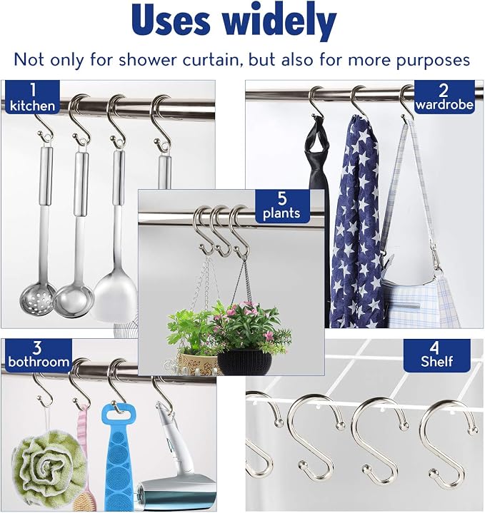 Metal Shower Curtain Hooks，Set of 12 Rings，Rust Resistant S Shaped Hooks Hangers - Image 6