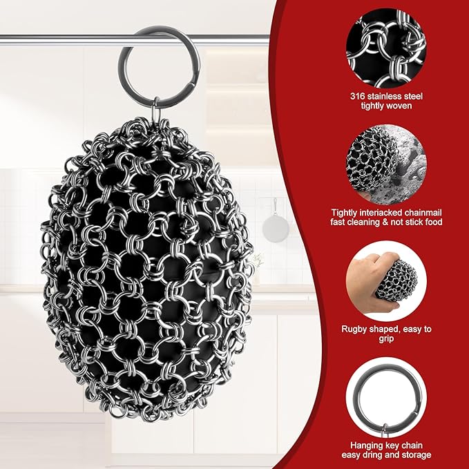 Cast Iron Scrubber Cleaner, Rugby Shape Scrubber Chain Mail with Silicone Core, Cast Iron Skillet Cleaner Cleaning Care Kit Perfect for Cast Iron Cookware,Skillet,Woks - Black