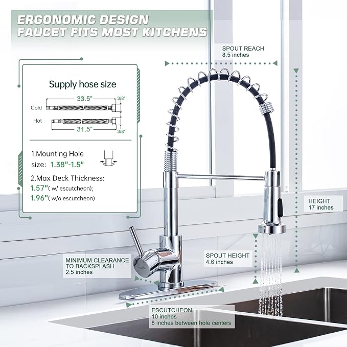 WEWE Pull-Down Kitchen Faucet, 2-Mode Sprayer, Polished Chrome, High Arc | - Image 2