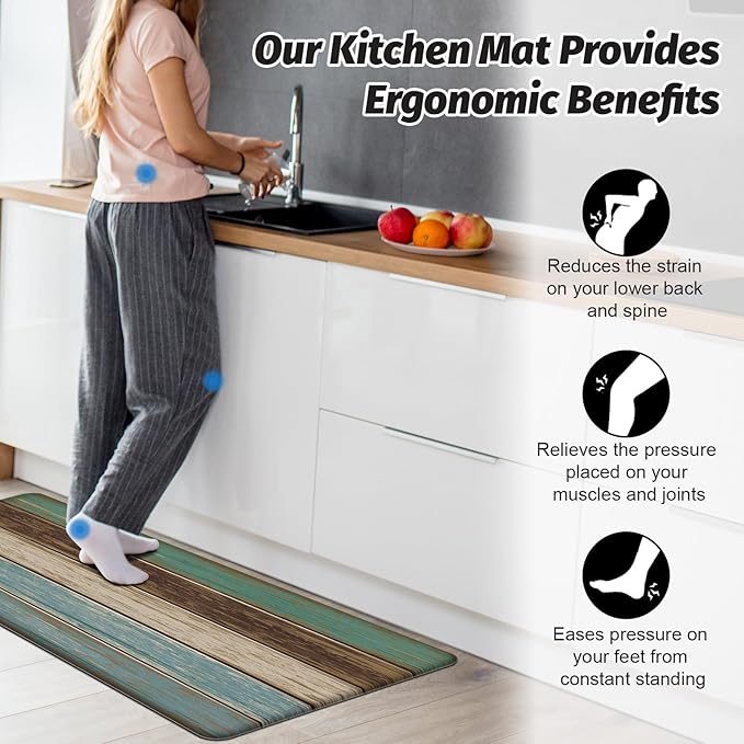 MAYHMYO Kitchen Rugs and Mats Set of 2 Teal Farmhouse Anti Fatigue Mat PVC Non Slip Retro Rustic Wood Texture Kitchen Mats for Floor,17.3 x 29 x 0.4 inch + 17.3 x 47 x 0.4 inch