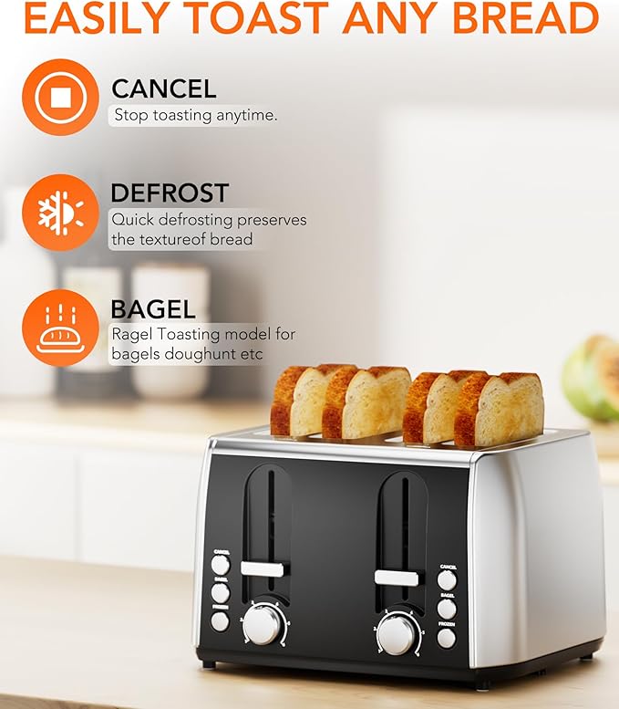 Toaster 4 Slice Retro Stainless Steel, 4 Slice Toaster with Extra Wide Slots with 6 Shade Settings, Toast Boost, Cancel Button, Perfect for Waffles, Bagels and More