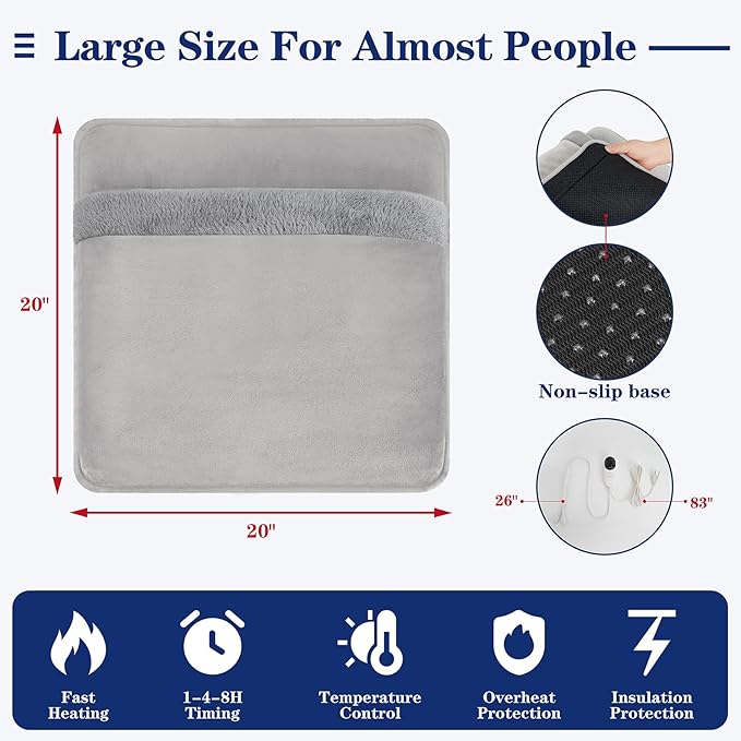 Double Sided Electric Foot Warmer with LCD Display, 6 Heat Settings & 3 Timer, Fast Heating Feet Heating Pad with Auto Shut Off, Non-Slip & Machine Washable Plush, Under Desk for Office/Home/Bed-Gray