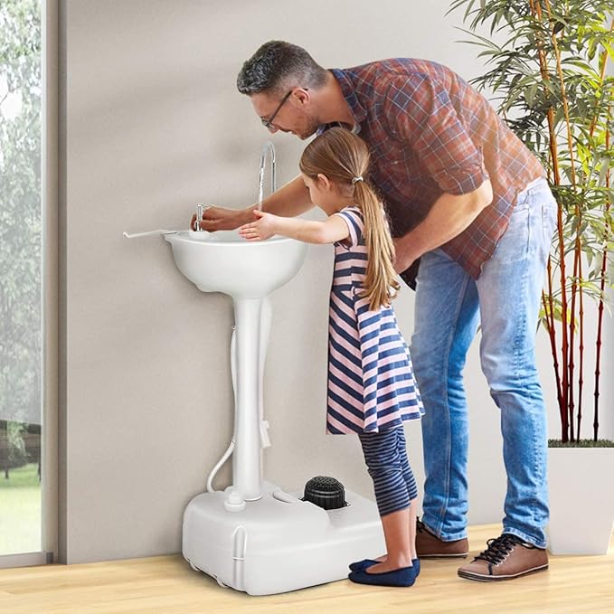 S AFSTAR Portable Camping Sink, Hand Wash Basin Stand w/ 17L Water Tank & Soap Dispenser, Rolling Hand Washing Station w/Towel Holder & Foot Pump, for Garden, Outdoor Sink Hand Wash Station
