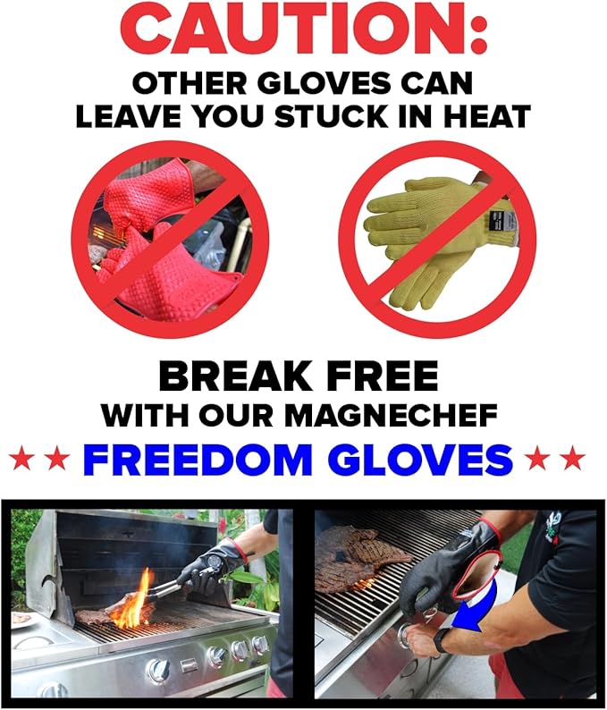 MagneCHEF Freedom BBQ Gloves – 932°F Extreme Heat Resistant Neoprene Grilling Gloves – Patented Magnetic EZ On/Off Safety Clips – Waterproof, 14” Long Cuff for Grills, Smokers, Fryers & Ovens
