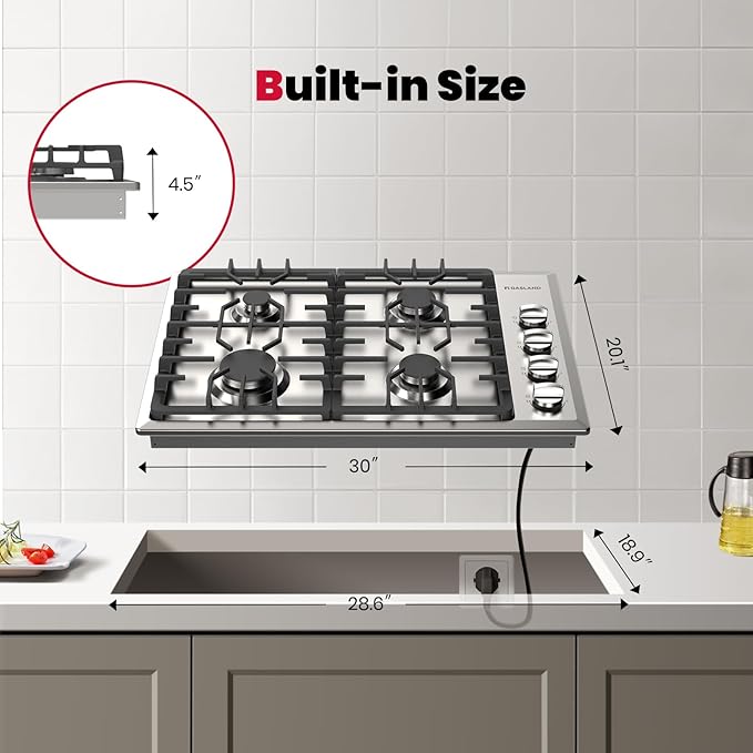 GASLAND 30 Inch Gas Cooktop with 4 Burners PRO GH2304SS,NG/LPG Convertible Natural Gas Propane Cooktops, Auto Ignition, Thermocouple Protection