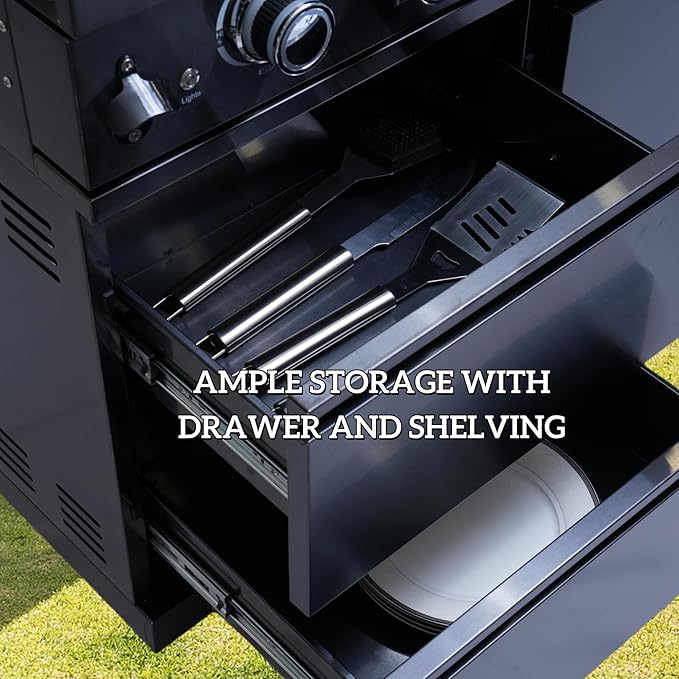 82 Inches 6-Burner 85,000 BTU Deluxe Stainless Steel Propane Gas Grill Outdoor Kitchen Island,Sink,Beverage Refrigerator Storage & Rotisserie Kit for Patio Backyard,Black