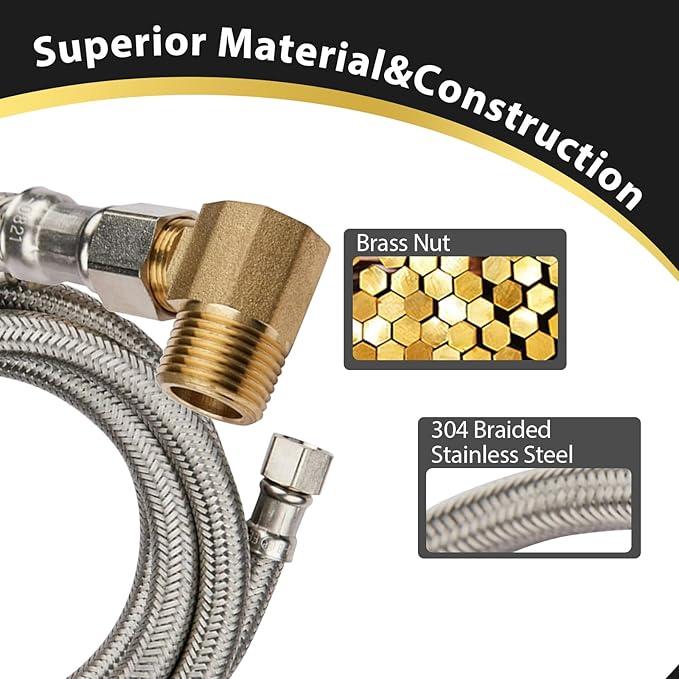 1 Pack Foskan 4FT Stainless Steel Dishwasher Hose With 3/8" Comp x 3/8" MIP 90° Elbow,Flexible Water Line Connector for Standard Dishwashers(HOSE059)