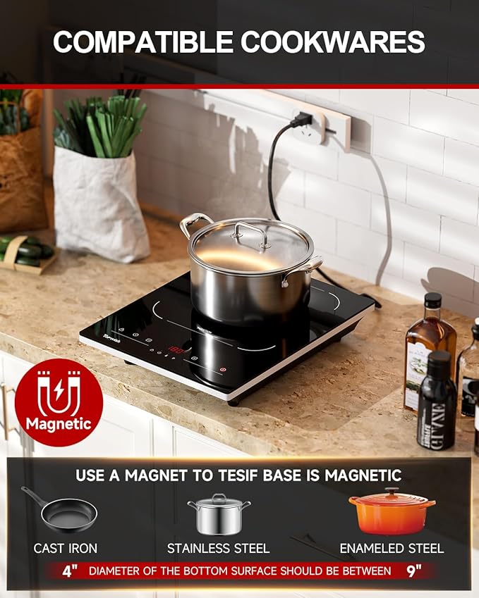 Portable Induction Cooktop, Hot Plate Countertop Burner with 10 Temp Levels, Timer, Auto-Shut-Off, Touch Panel, LED Display, Auto Pot Detection, Child Safety Lock