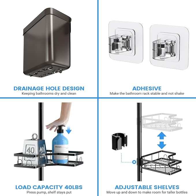 Adjustable Shower Caddy Tension Pole: Rustproof Corner Bathroom Shelves - Image 5