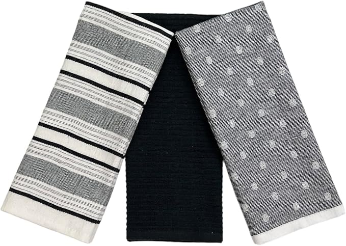 Black White Kitchen Hand Dish Towels: Oversized 28" x 16", 100% Cotton Cloth by SerafinaHome