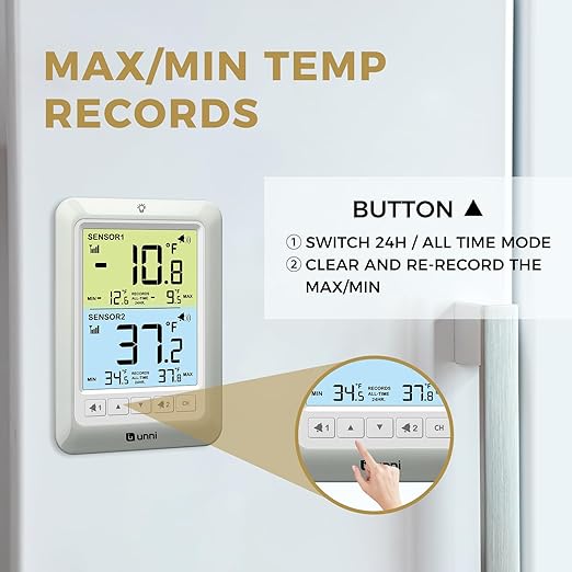 Refrigerator Thermometer with Alarm, Digital Wireless Fridge and Freezer Thermometer, Max Min Temperature Records with Magnetic & Stand Options for Home Restaurant