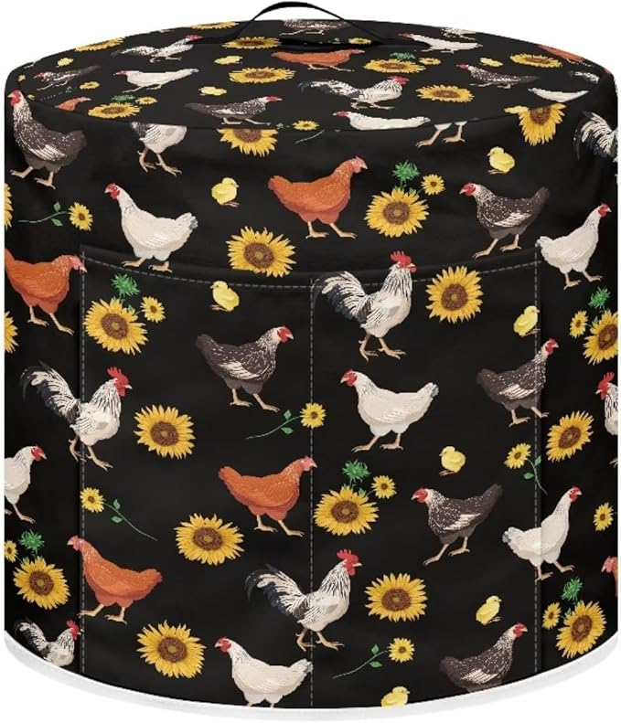 Insulated Pressure Cooker Appliance Cover, Also Fit for Rice Cooker, Air Fryer and Crock Pot, 6 Qt Dust Cover with Pocket for Spoon/Cooking Utensils/Recipes, Chicken Sunflower Black